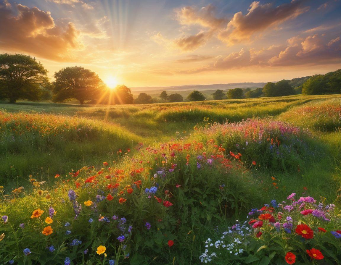 A serene landscape depicting a bright sun rising over a lush green field, filled with colorful wildflowers swaying gently in the breeze. In the foreground, a diverse group of people, each radiating joy and positivity, are sharing laughter and engaging in uplifting activities. Soft, warm light bathes the scene, symbolizing warmth and cheerfulness, with butterflies fluttering around them. Let the atmosphere evoke feelings of genuine contentment and happiness. vibrant colors. super-realistic.
