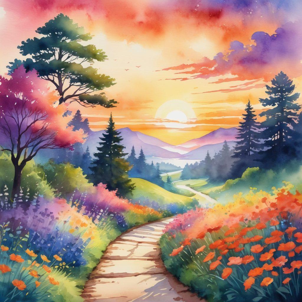 A peaceful landscape transitioning from a vibrant sunrise symbolizing euphoria to a serene sunset representing tranquility, with a path winding through lush greenery and blooming flowers. Include silhouettes of people practicing mindfulness along the path, radiating happiness and calmness. The sky should blend warm and cool tones, reflecting the journey of building a thriving mindset. watercolor style. vibrant colors. serene atmosphere.