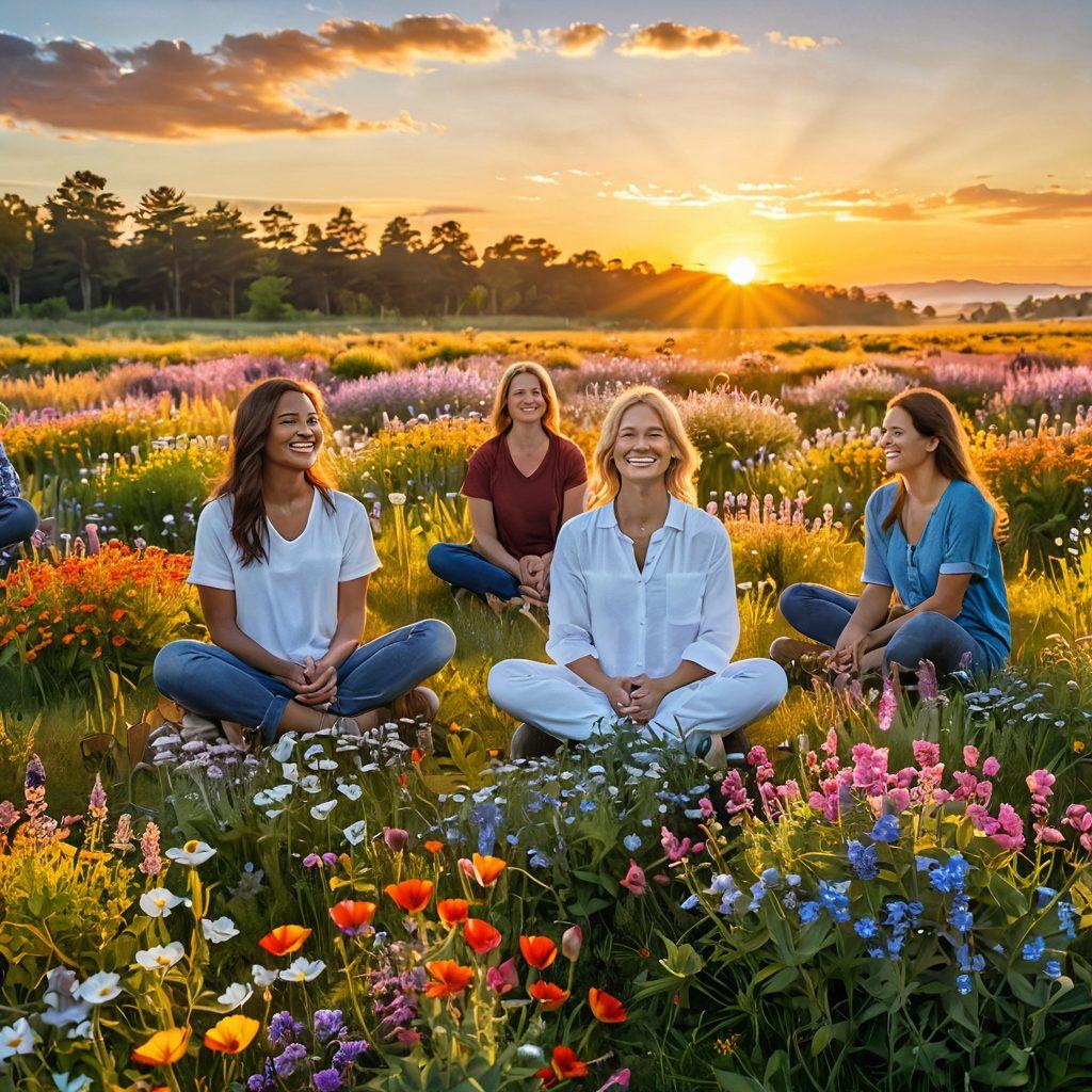 A serene landscape featuring a sunrise illuminating a vibrant field of wildflowers, symbolizing growth and positivity. In the foreground, a diverse group of people smiling and practicing mindfulness together, embodying joy and connection. Soft, radiant light casts a warm glow, enhancing the feeling of euphoria and tranquility in the scene. super-realistic. vibrant colors. peaceful atmosphere.